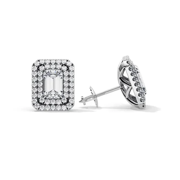 9ct Moissanite 1.0ct Emerald Double Halo Set Earrings - Image 2