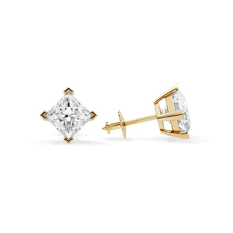 9ct Moissanite 1.0ct Princess Solitaire 4-Claw Stud Earrings