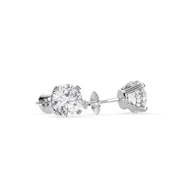 9ct Moissanite 1.0ct Round Hidden Halo Solitaire 4-Claw Stud Earrings - Image 2