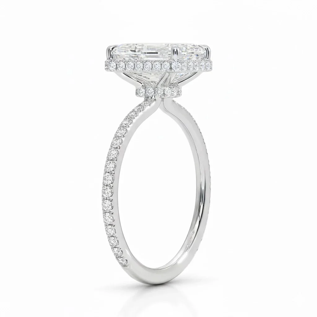 Emerald Cut Moissanite Solitaire Engagement Ring With Hidden Double Halo and Pave set Band | ApolloGem Cape Town - Image 5