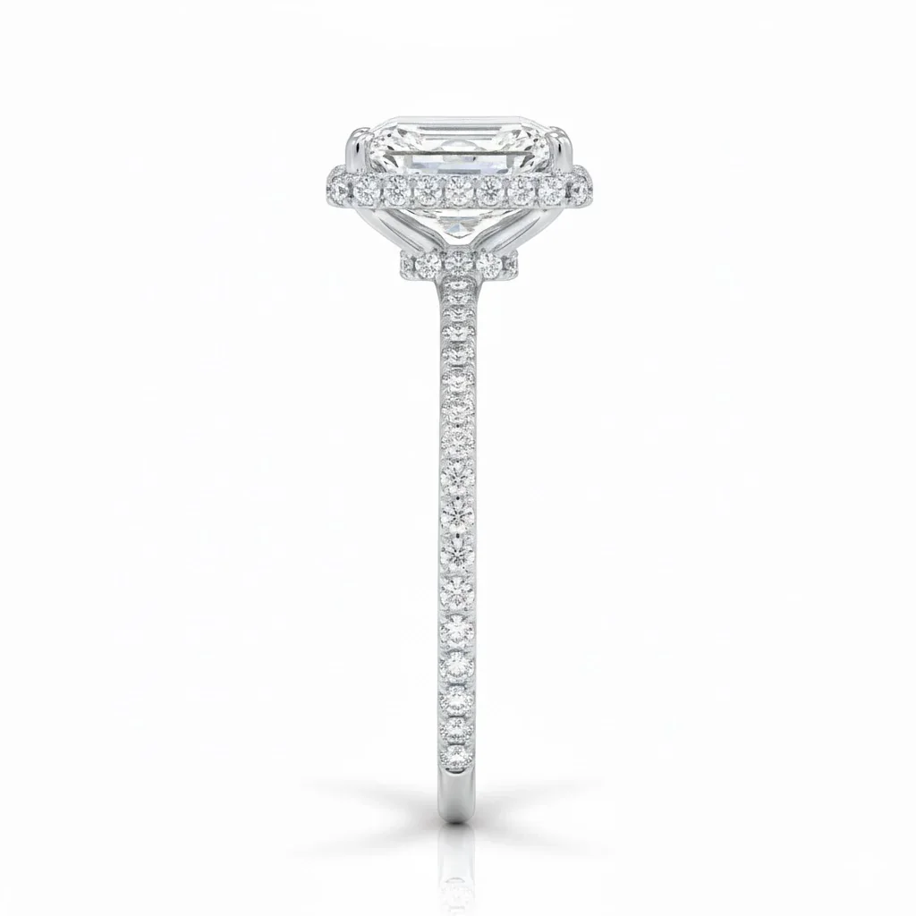Emerald Cut Moissanite Solitaire Engagement Ring With Hidden Double Halo and Pave set Band | ApolloGem Cape Town - Image 6