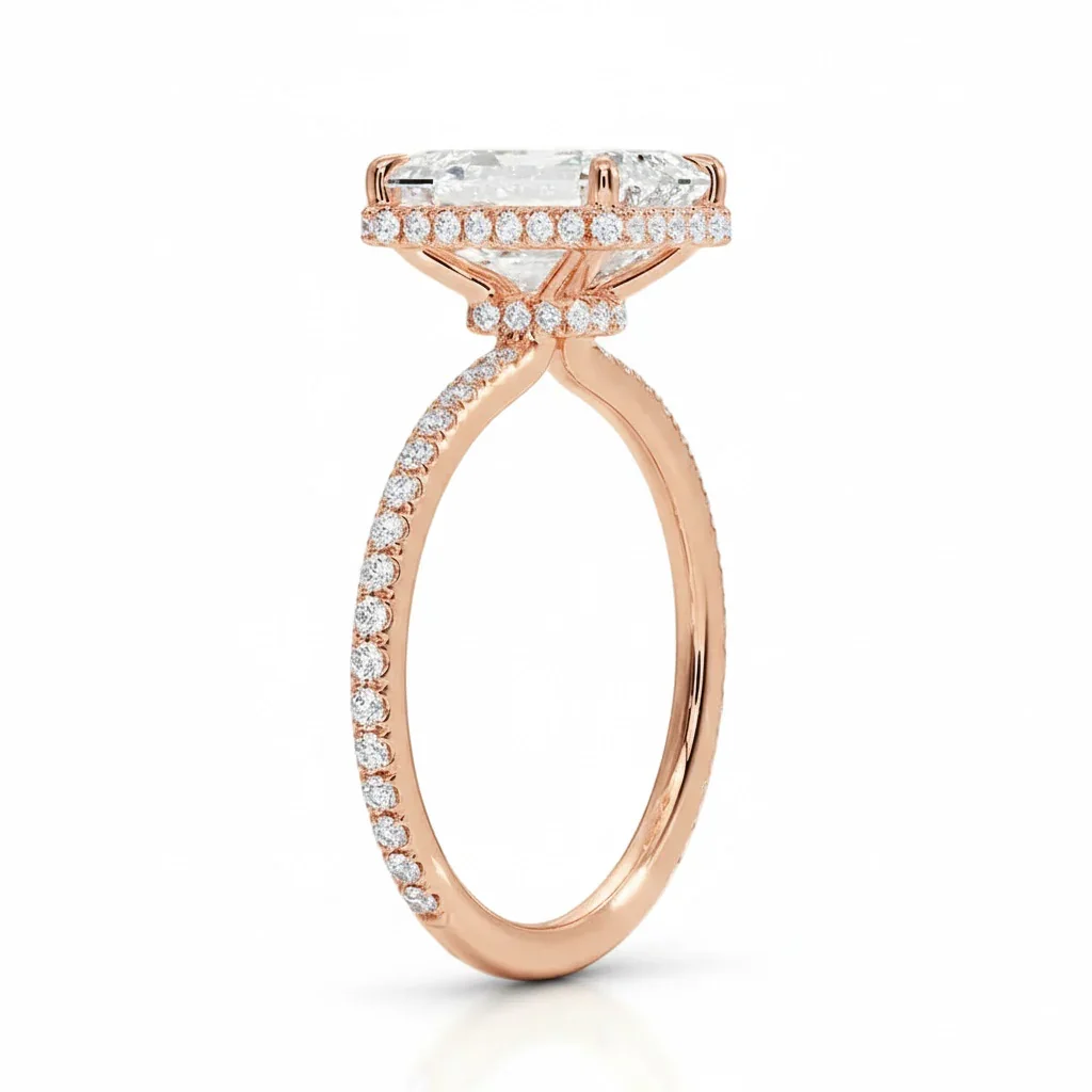 Emerald Cut Moissanite Solitaire Engagement Ring With Hidden Double Halo and Pave set Band | ApolloGem Cape Town - Image 8