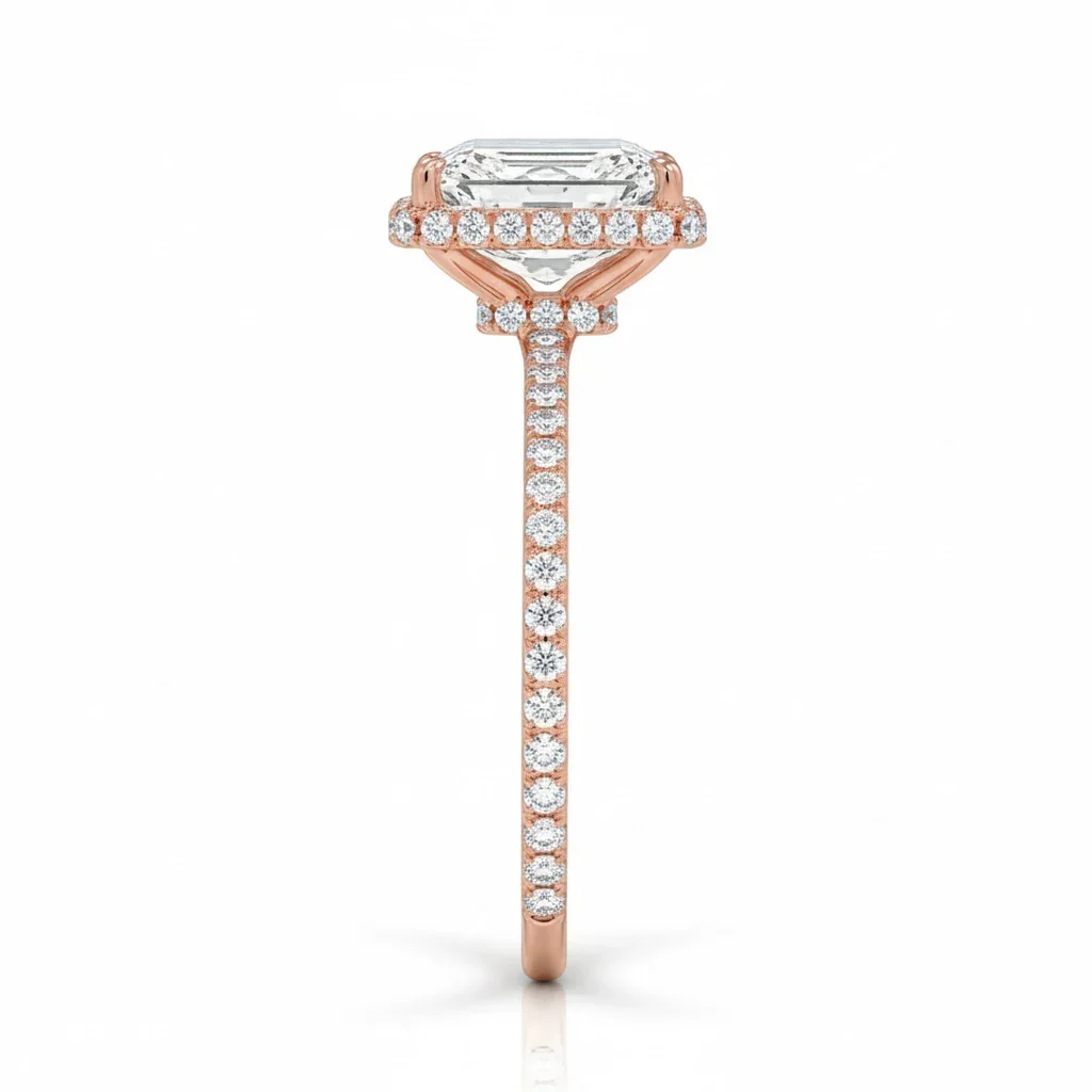 Emerald Cut Moissanite Solitaire Engagement Ring With Hidden Double Halo and Pave set Band | ApolloGem Cape Town - Image 9