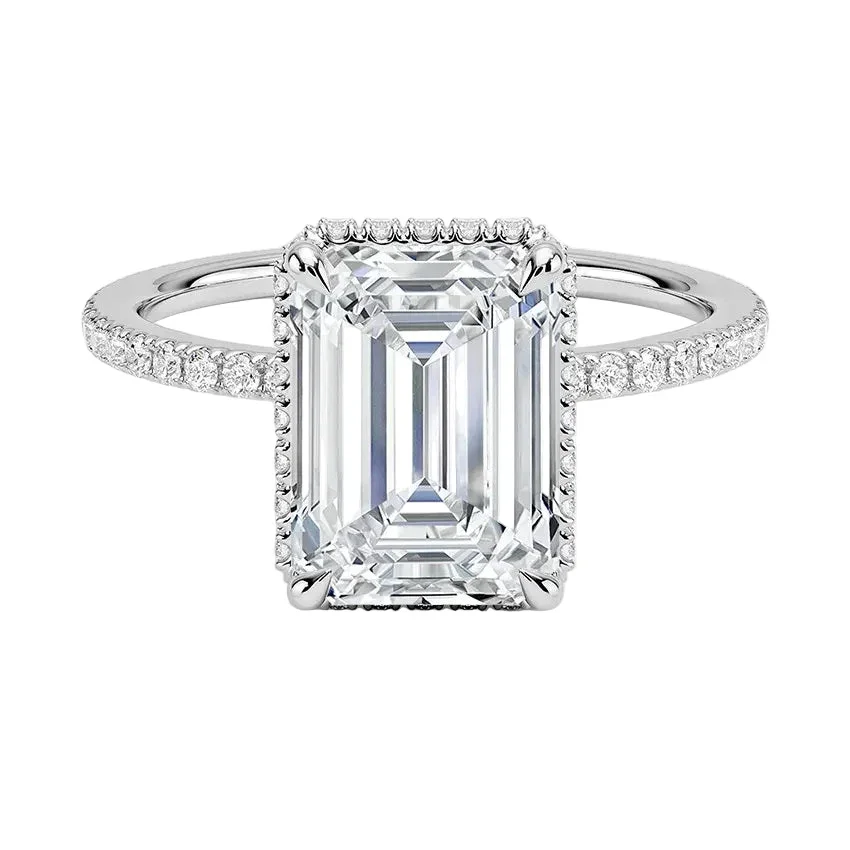 Emerald Cut Moissanite Solitaire Engagement Ring With Hidden Double Halo and Pave set Band | ApolloGem Cape Town - Image 4
