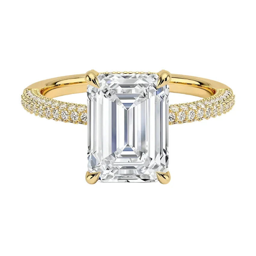 Emerald Cut Moissanite Ring with Three-Row Micro-Pave Band Hidden Halo and Encrusted claws | ApolloGem Cape Town