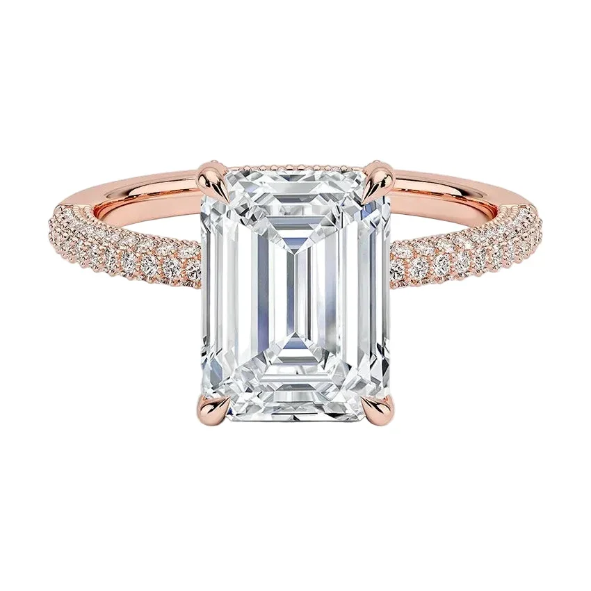 Emerald Cut Moissanite Ring with Three-Row Micro-Pave Band Hidden Halo and Encrusted claws | ApolloGem Cape Town - Image 4