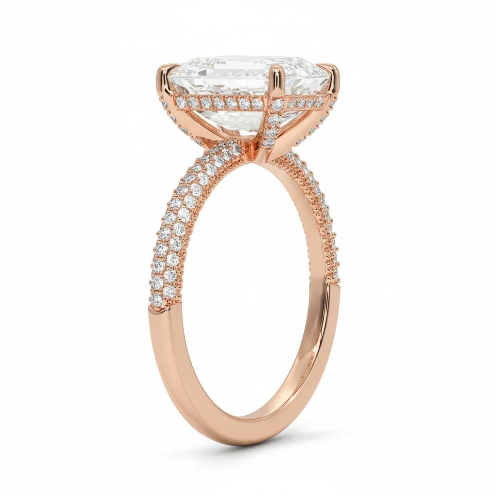 Emerald Cut Moissanite Ring with Three-Row Micro-Pave Band Hidden Halo and Encrusted claws | ApolloGem Cape Town - Image 5