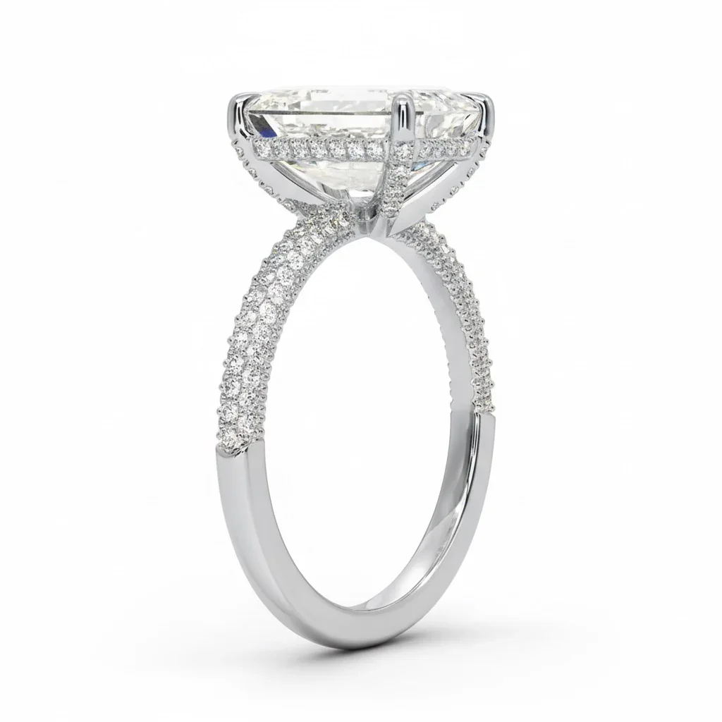 Emerald Cut Moissanite Ring with Three-Row Micro-Pave Band Hidden Halo and Encrusted claws | ApolloGem Cape Town - Image 8