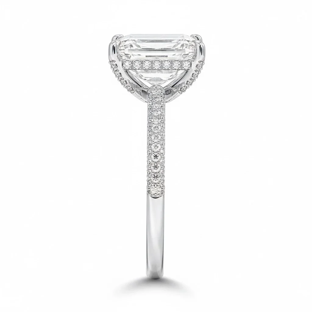Emerald Cut Moissanite Ring with Three-Row Micro-Pave Band Hidden Halo and Encrusted claws | ApolloGem Cape Town - Image 9