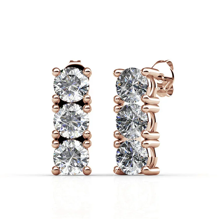 Gold Moissanite Earrings Round Shape 4-Claw 3-Stone Studs - Image 3