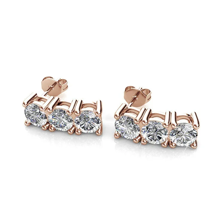 Gold Moissanite Earrings Round Shape 4-Claw 3-Stone Studs - Image 4