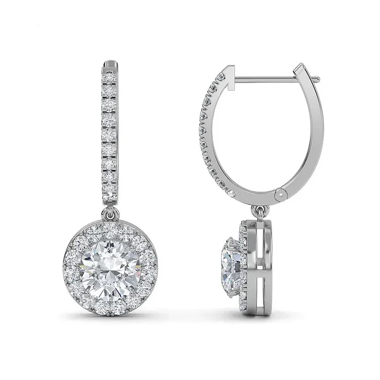 Gold Moissanite Earrings Round Shape 4-Claw Halo Stone Studs - Image 3