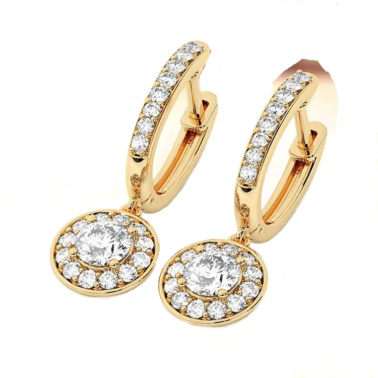 Gold Moissanite Earrings Round Shape 4-Claw Halo Stone Studs - Image 3