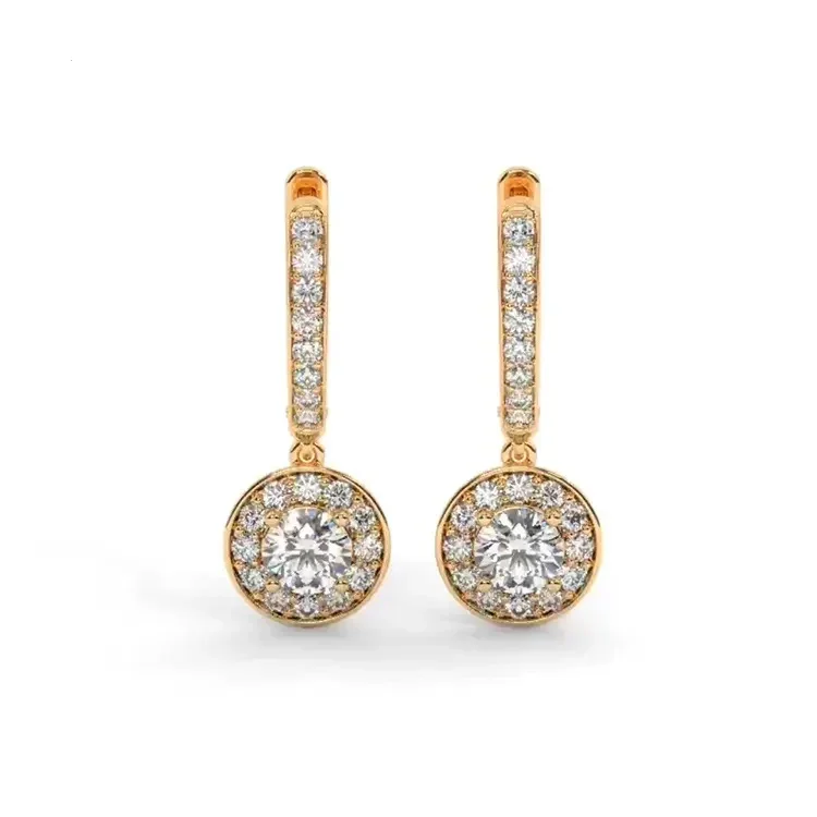 Gold Moissanite Earrings Round Shape 4-Claw Halo Stone Studs - Image 4