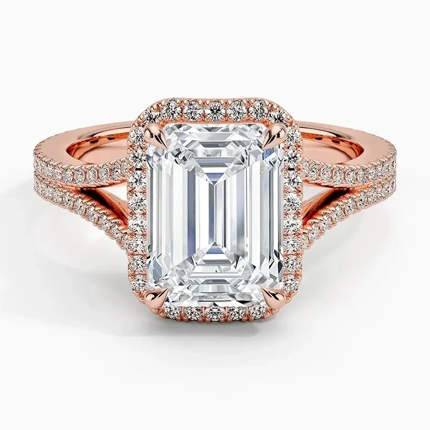 Halo Emerald-Cut Engagement Ring a unique V-band with pavé - Image 3