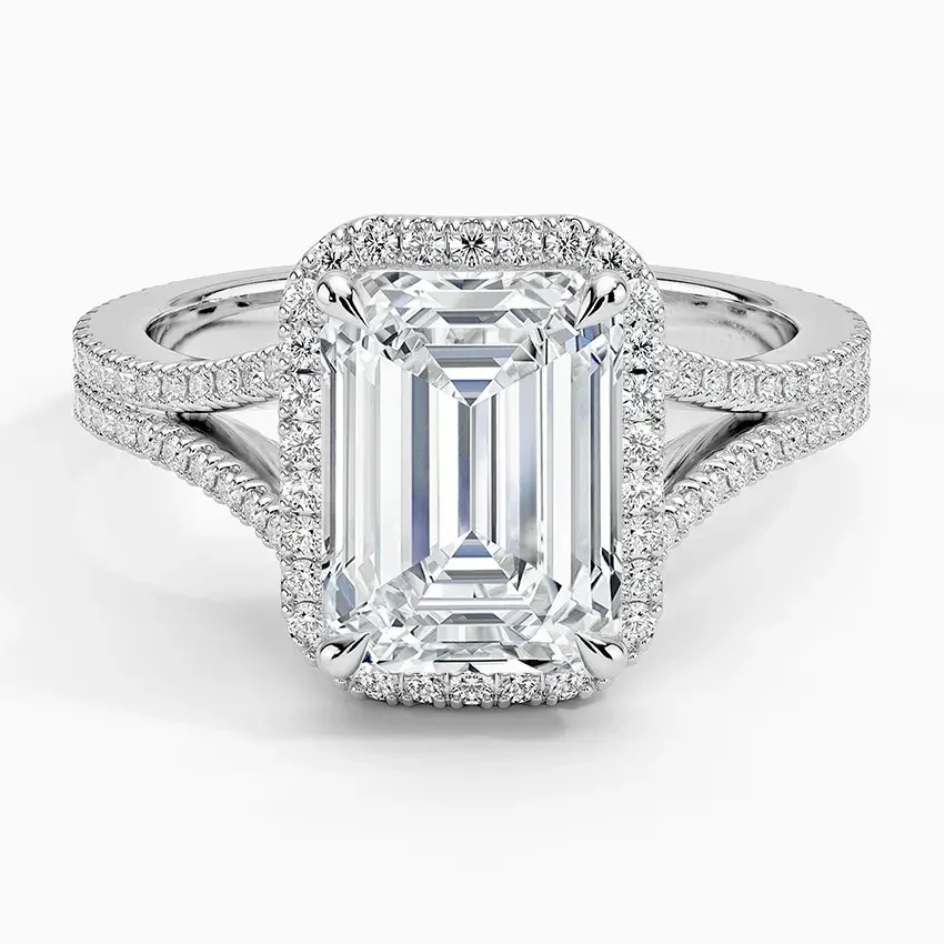 Halo Emerald-Cut Engagement Ring a unique V-band with pavé - Image 5