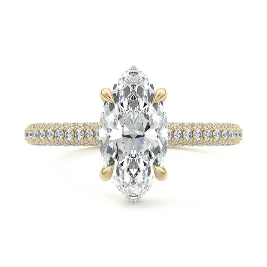 Marquise Cut Moissanite Diamond Ring with Three-Row Micro-Pave Band Hidden Double Halo | ApolloGem Cape Town