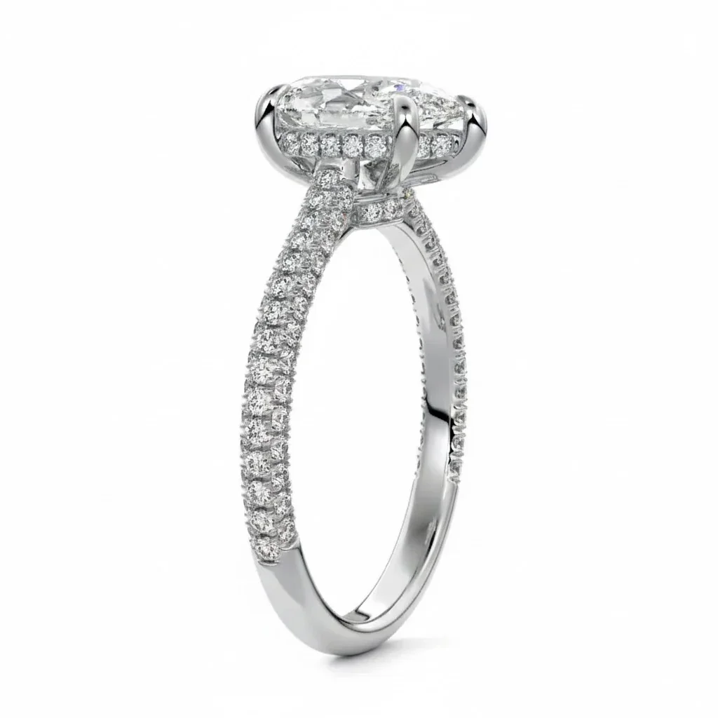 Pear Cut Moissanite Engagement Ring with Three-Row Micro-Pave Band and Hidden Double Halo | ApolloGem Cape Town - Image 8