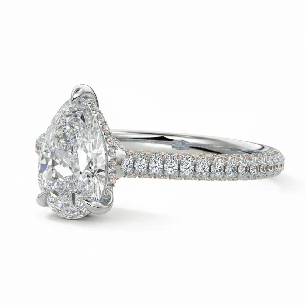 Pear Cut Moissanite Engagement Ring with Three-Row Micro-Pave Band and Hidden Double Halo | ApolloGem Cape Town - Image 9