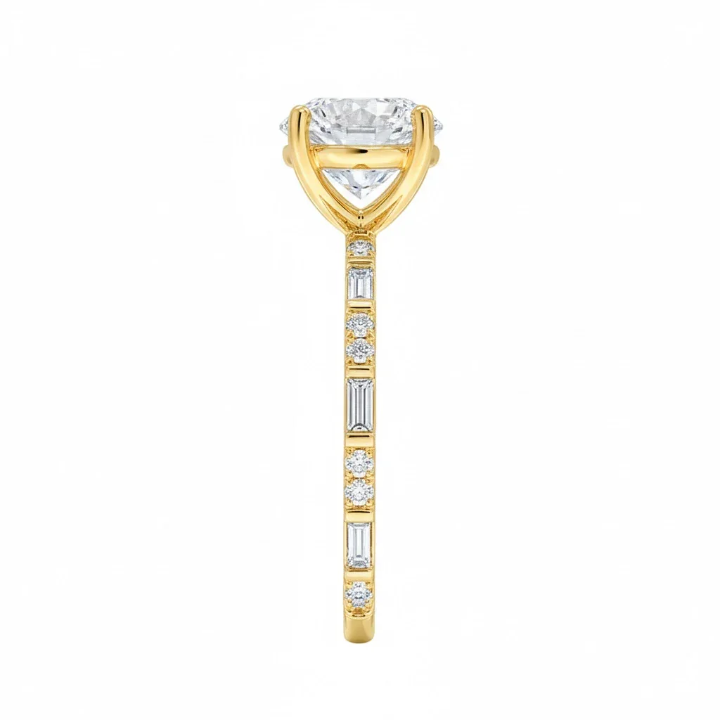 Round-Cut Engagement Ring with Baguette and Round Pavé Band - Image 3