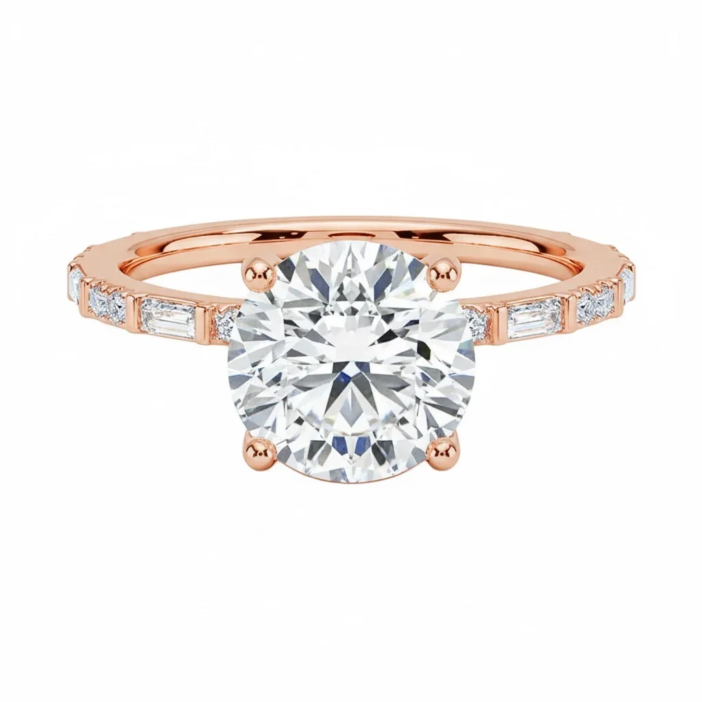 Round-Cut Engagement Ring with Baguette and Round Pavé Band - Image 4