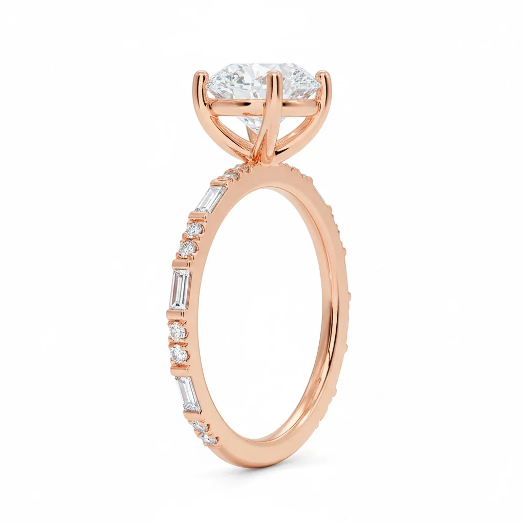 Round-Cut Engagement Ring with Baguette and Round Pavé Band - Image 5