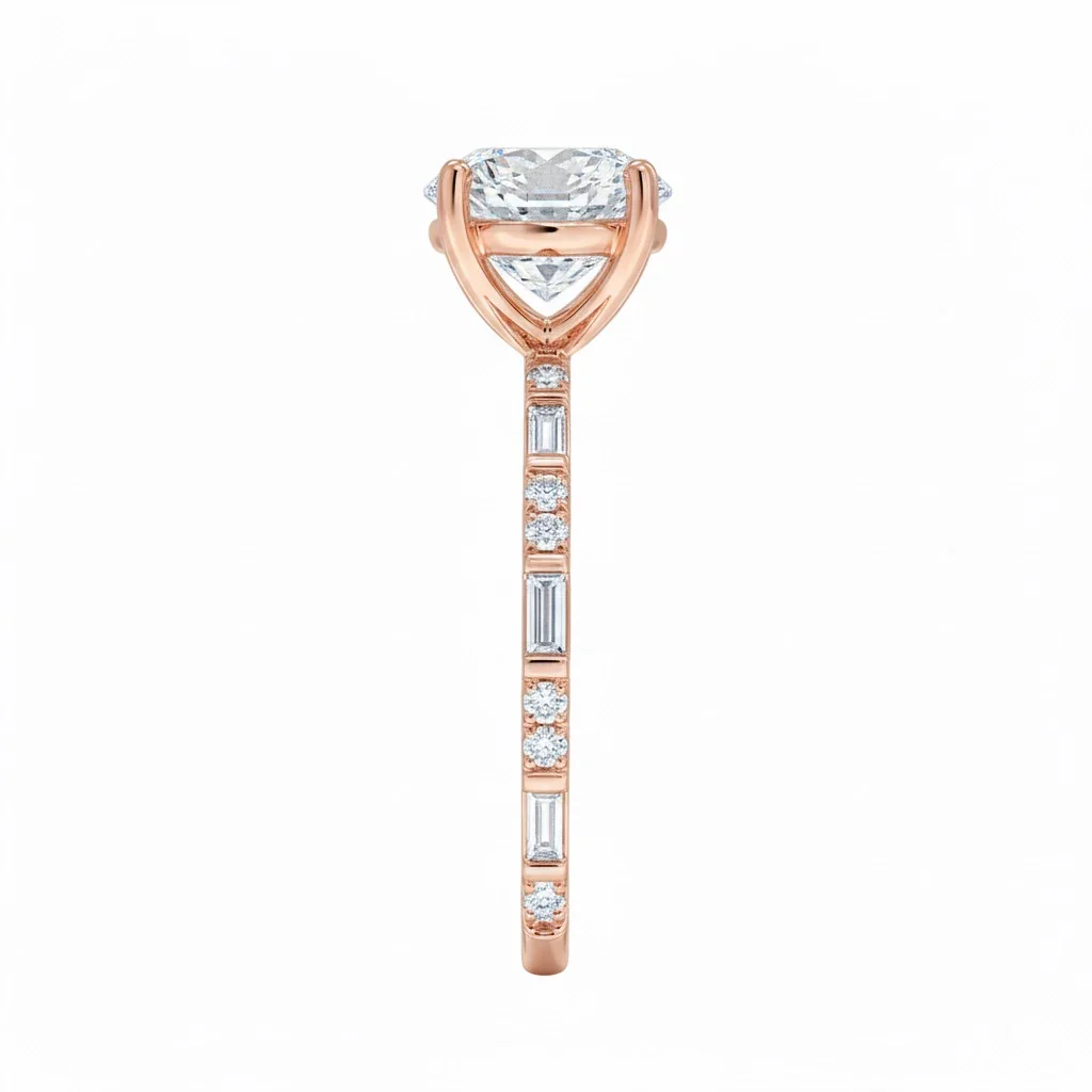Round-Cut Engagement Ring with Baguette and Round Pavé Band - Image 6