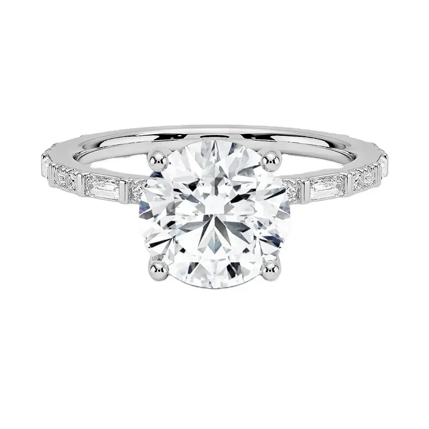 Round-Cut Engagement Ring with Baguette and Round Pavé Band - Image 7