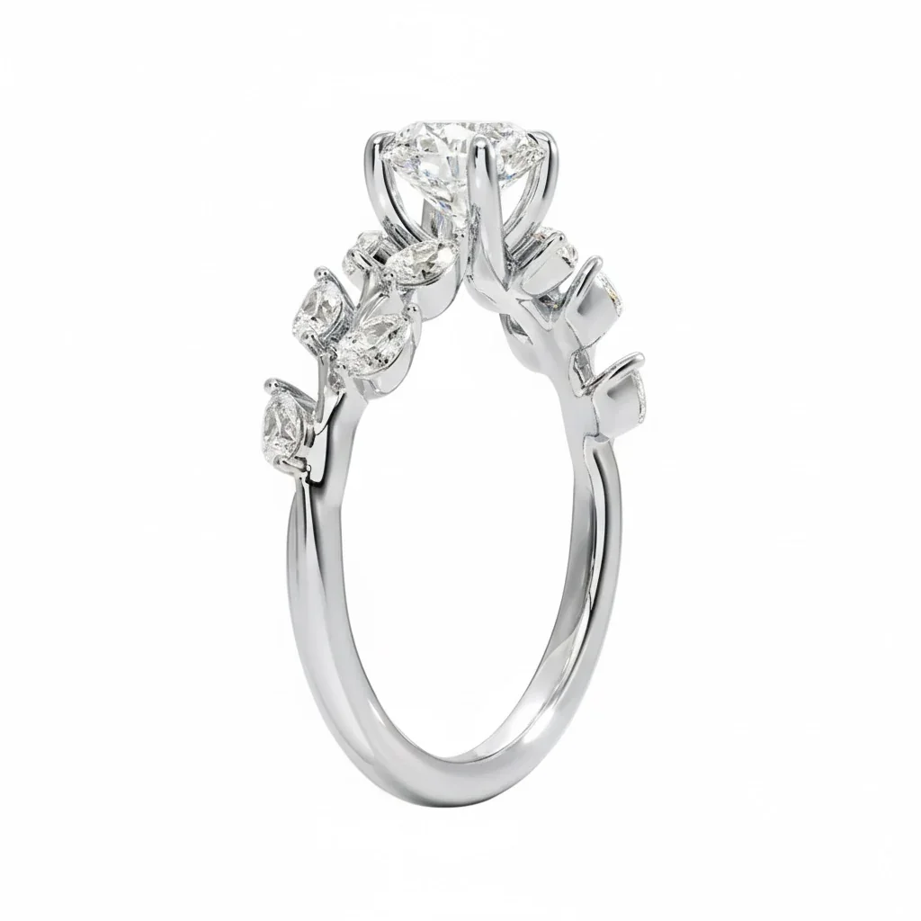 Round Cut Moissanite Engagement Ring with Pear Cut Fancy Set Shank | ApolloGem Cape Town - Image 9