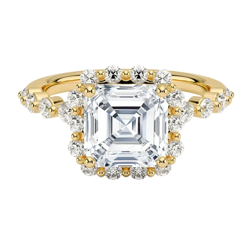 The Asscher Blossom – Floral Halo Moissanite Ring