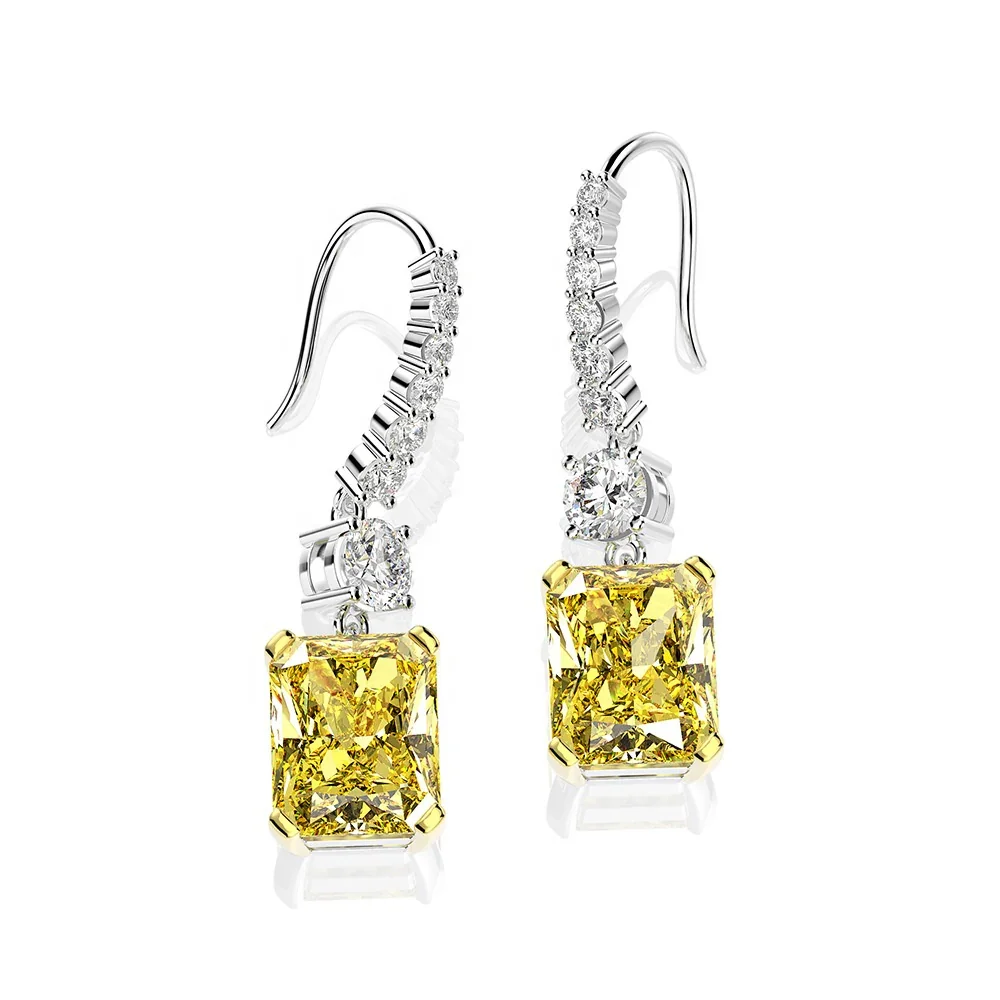 White Gold Emerald-Cut Moissanite Drop Earrings with Yellow Gold Claws - Image 3