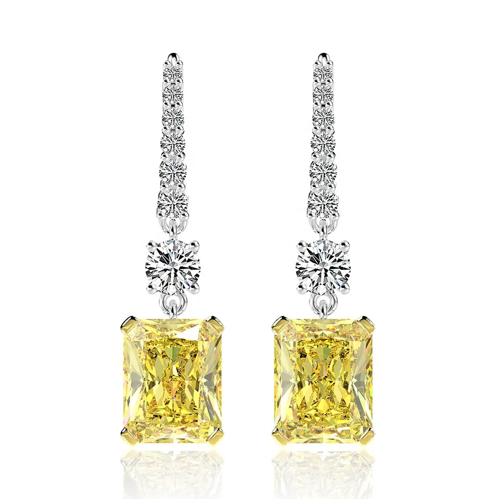 White Gold Emerald-Cut Moissanite Drop Earrings with Yellow Gold Claws - Image 4